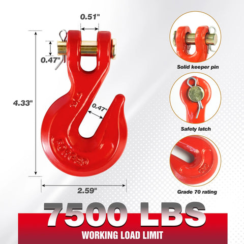 3/8 in clevis grab hook, red forged alloy steel with safety latch and keeper pin for 3/8 in Grade 70 chain; 7,500 lbs WLL