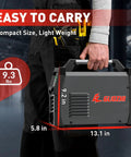 Person carrying 3 In 1 Flux MIG Arc And Lift TIG Welder 110V Inverter with large LCD screen, 9.3 lbs, portable size shown.