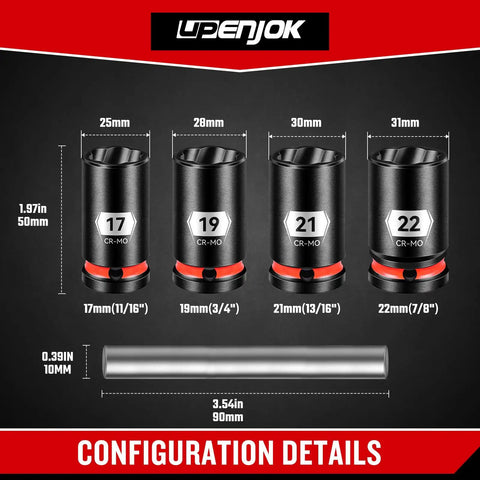 Five Piece Lug Nut Remover Kit With 17mm 19mm 21mm And 22mm Sockets One Half Inch Drive Pro Grade Bolt Extractor Socket Set