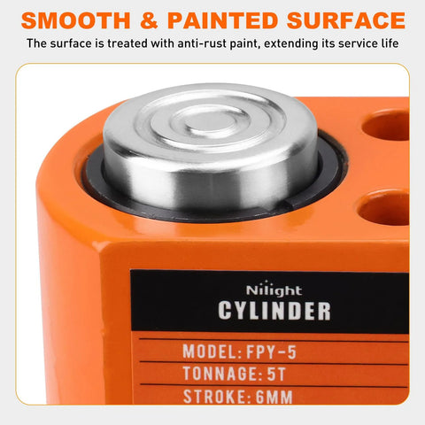 Nilight 5-Ton hydraulic cylinder jack, orange body with silver piston cap (close-up view)