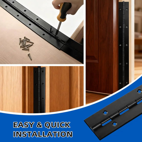 4 Pack 12 Inch Continuous Piano Hinges Heavy Duty Rust Resistant 304 Stainless Steel shown installed on cabinets with screws.