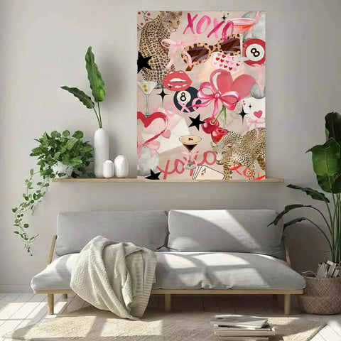 5D Diamond Art Kit For Adults Newbies With Tools Diamond Painting Set Girly Pink Bow And Cheetah Pattern Full Round Drill DIY Wall Decor Gift 12 By 16 Inch displayed above a modern sofa
