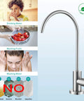 Reverse Osmosis Drinking Water Faucet for Non Air Gap Filtration Systems, stainless steel brushed nickel, 360° spout with images of uses.