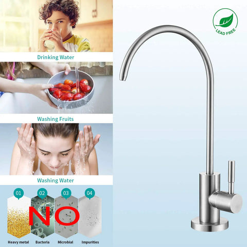 Reverse Osmosis Drinking Water Faucet for Non Air Gap Filtration Systems, stainless steel brushed nickel, 360° spout with images of uses.