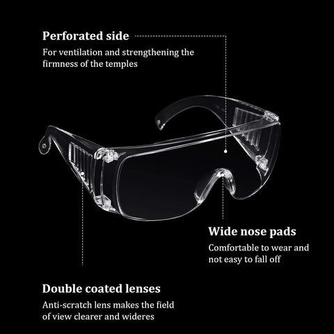 Six Pairs Clear Safety Glasses That Fit Over Your Glasses, Anti Fog Scratch Resistant Polycarbonate Eye Protection Goggles For Shooting shown with perforated sides and wide nose pads