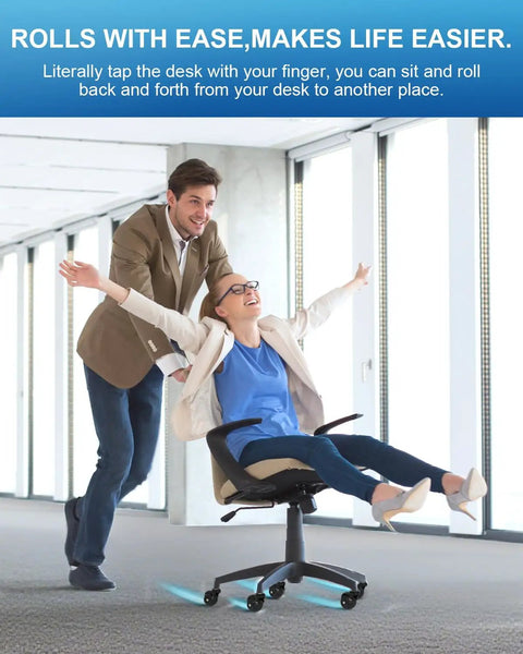 Heavy Duty Rollerblade Office Chair Wheels Replacement Set Of 5, 2 Inch Rubber Casters Designed For Carpet Or Hardwood Floors, Universal Standard Stem Fit, Loaded To Carry Up To 2000 Lbs Without Skipping A Beat, Glides Smooth And Silent Daily. Woman joyfully rolling in office chair on carpet with casual man behind.