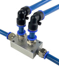 Push To Connect Air Line Splitter Manifold Block Assembly Aluminum connectors with blue tubing for pneumatic distribution.