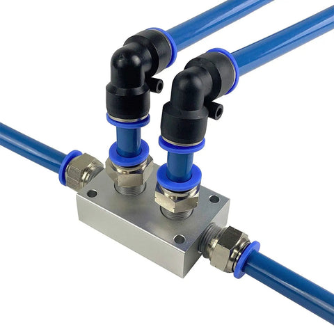Push To Connect Air Line Splitter Manifold Block Assembly Aluminum connectors with blue tubing for pneumatic distribution.