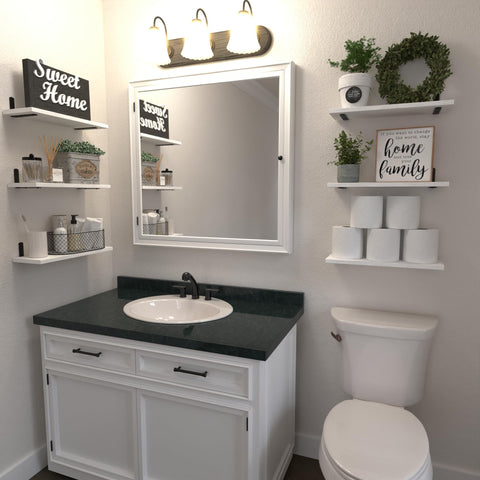 Premium White Floating Shelves Set Of 6 For Wall Decor And Home Storage above bathroom sink, featuring decor and toiletries.