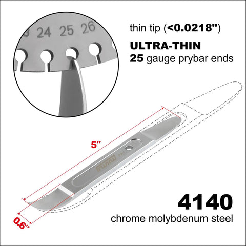 Metal Skin Wedge Tool Mini Pocket EDC, showing dimensions and material; 5-inch 4140 steel with thin tip for tight gaps.