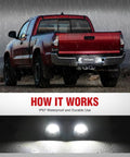 Red Toyota Tacoma displaying License Plate Lights For Toyota Tacoma 1995 1996 1997 1998 1999 2000 2001 2002 2003 2004 Black Housing 6000K White LED 2 Pack Non Polarity Plug And Play illuminating in rain