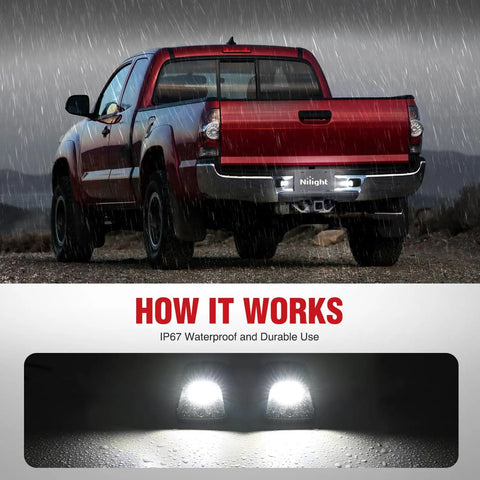 Red Toyota Tacoma displaying License Plate Lights For Toyota Tacoma 1995 1996 1997 1998 1999 2000 2001 2002 2003 2004 Black Housing 6000K White LED 2 Pack Non Polarity Plug And Play illuminating in rain