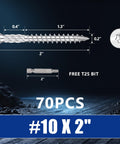 Top Shelf 10X2 Inch Stainless Steel Deck Screws 70 Piece Bucket showing screw dimensions and a T25 bit on a dark background.