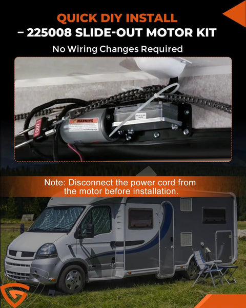 RV Slide Out Motor And Gear Housing Replacement For Accu-Slide Cable System with motor installation and RV example