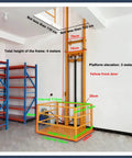 No Sweat Hydraulic Lift Platform With Integrated Safety Rail For Squeeze Spaces And Tight Hallways, showing measurements and lift height in a compact space.