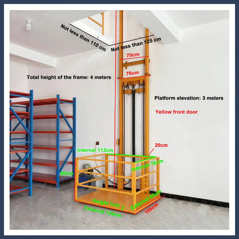 No Sweat Hydraulic Lift Platform With Integrated Safety Rail For Squeeze Spaces And Tight Hallways, showing measurements and lift height in a compact space.