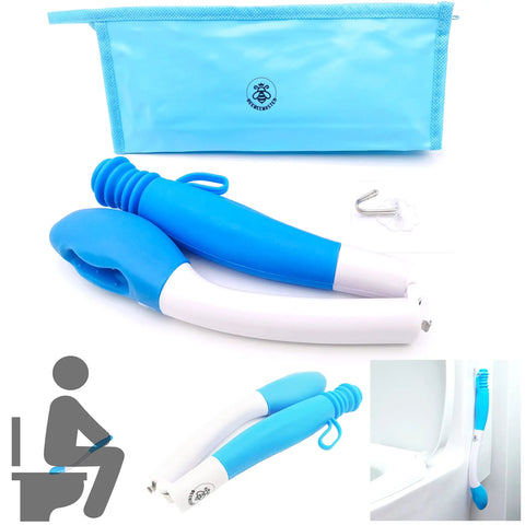 Foldable Long Reach Toilet Wiper Aid With Hook No Bend Easy Self Wipe Helper for Disabled and Bariatric Patients, blue and white design