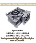RV030 Worm Gearbox for Nema23 Stepper Motor, hollow axis design, precision CNC builds with various speed ratios.