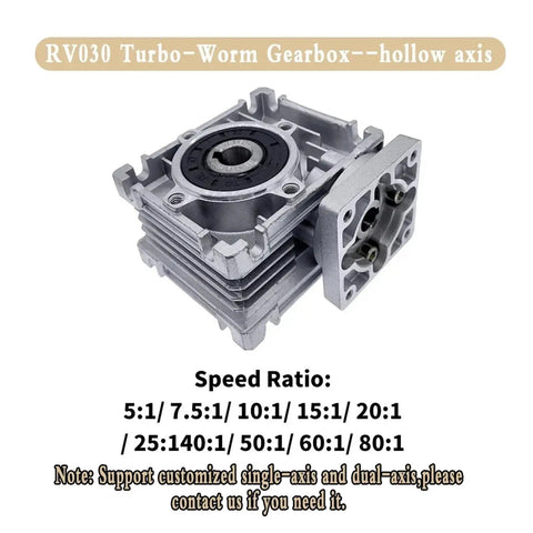 RV030 Worm Gearbox for Nema23 Stepper Motor, hollow axis design, precision CNC builds with various speed ratios.