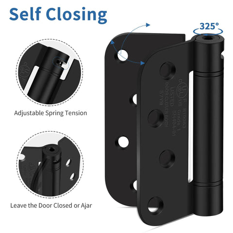 Heavy Duty Four Inch Self Closing Door Hinges Three Pack Featuring Five Eighths Corners And Spring Loaded Setup For Interior Rooms That Shut Smoothly Straight Up Zero Hassle Every Day - Adjustable spring tension hinge with black finish.