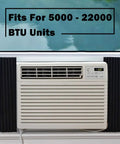 Window Air Conditioner Foam Insulation Panels Kit Two Pack Black Seventeen Inch High Nine Inch Wide Seven Eighths Inch Thick Universal Fit For Most Window Units Seals Out Dust Pollen Insects Heat And Drafts Keeps Your Room Cool 5000 To 22000 BTU fitted in window with AC unit.