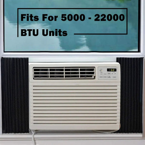 Window Air Conditioner Foam Insulation Panels Kit Two Pack Black Seventeen Inch High Nine Inch Wide Seven Eighths Inch Thick Universal Fit For Most Window Units Seals Out Dust Pollen Insects Heat And Drafts Keeps Your Room Cool 5000 To 22000 BTU fitted in window with AC unit.