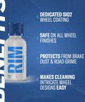 Rim EVO 30ml Ceramic Wheel Coating Kit For Rims High Heat Resistant Up To 1400F features and benefits displayed on blue background