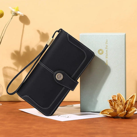 Leather RFID Blocking Womens Wallet With Large Capacity Trifold Design And Wristlet Clutch Card Holder