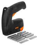 Cordless Two In One Brad Nailer And T50 Crown Stapler Equipped With 4V Battery And Usb C Quick Charge with staples arranged.