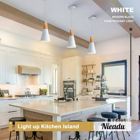 Three Pack White Modern Minimalist Pendant Lights Kit With Mounting Hardware And Instructions in kitchen over island