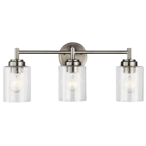 Three Light Vanity Light in Brushed Nickel with Clear Seeded Glass, Modern Transitional Bath Fixture for Above the Mirror, 21.5 Inch Wide