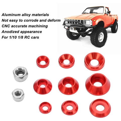 Premium Aluminum CNC Machined RC Screw Washer Kit with red anodized flat cup washers and nuts for 1/10 1/8 RC cars