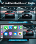 Split screen display of Mega 11.5 Inch Wireless CarPlay Screen with Android Auto HD Touchscreen, showing CarPlay and DVR view.
