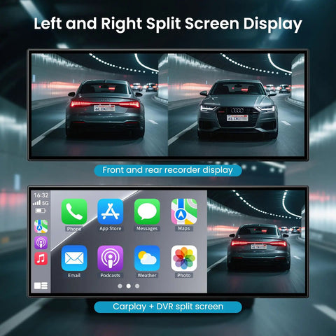Split screen display of Mega 11.5 Inch Wireless CarPlay Screen with Android Auto HD Touchscreen, showing CarPlay and DVR view.