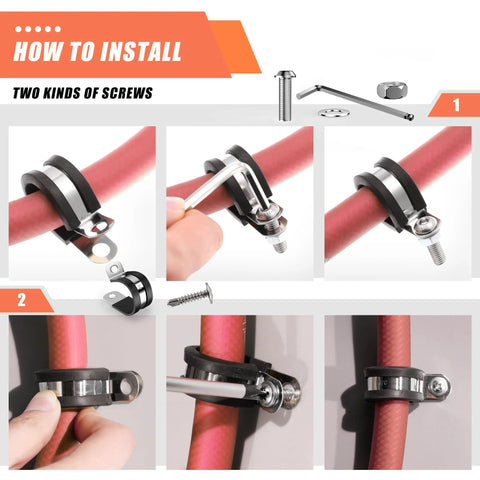 WYSIWYKA 60pc cable clamps kit; black rubber-cushioned metal P-clamps, 10 sizes, collage of multiple views.