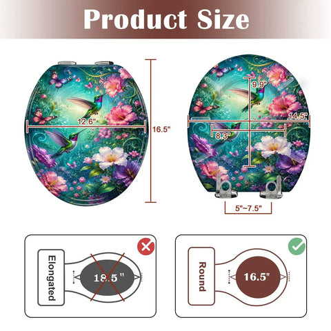 Round Vibrant Hummingbirds Butterflies Chinoiserie Colorful Toilet Seat size comparison showing dimensions of 16.5"