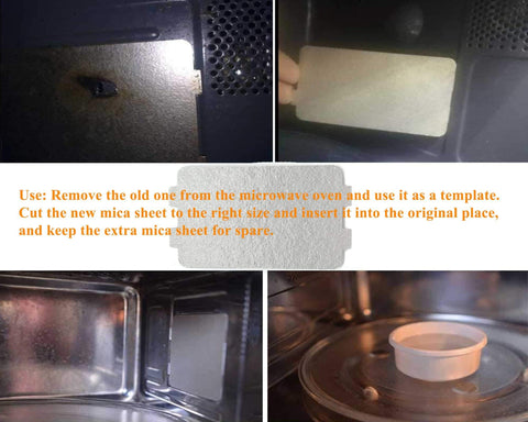 Microwave interior showing installation of 3 Pack Microwave Mica Sheets Waveguide Covers Replacement Kit for Ovens 4.2 X 2.5 Inch.