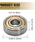 100 Pack 608 ZZ Deep Groove Ball Bearings 8mm x 22mm x 7mm Double Metal Sealed For 3D Printers, Skateboards, Motors, Inline Skates, And Home Appliances; size chart view
