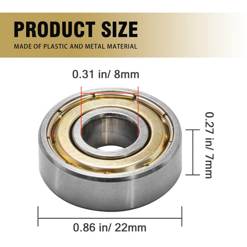 100 Pack 608 ZZ Deep Groove Ball Bearings 8mm x 22mm x 7mm Double Metal Sealed For 3D Printers, Skateboards, Motors, Inline Skates, And Home Appliances; size chart view