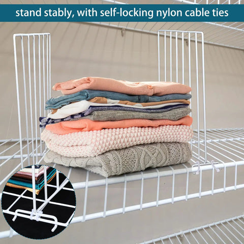 Stacked clothes separated by Twenty Pack Wire Closet Shelf Dividers With 100 Nylon Ties, 12 Inch Vertical Organizers