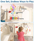 Child using drawing board on Toddler Slide Set With Basketball Hoop, Drawing Board And Golf Game, 13 In 1 Indoor Outdoor Playset.