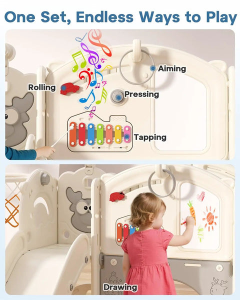 Child using drawing board on Toddler Slide Set With Basketball Hoop, Drawing Board And Golf Game, 13 In 1 Indoor Outdoor Playset.