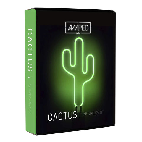 Box packaging of the Green Neon Cactus Desk Light That Is Lit For Any Room showing cactus design with green glow.