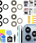 2 Pack IPhone 13 Pro And 13 Pro Max Camera Lens Replacement Glass With PreInstalled Adhesive OEM Original Quality Includes Repair Tools Easy Diy Fix Dual Set For Seamless Camera Lens Repair kit showing lens glass, adhesive, and repair tools.