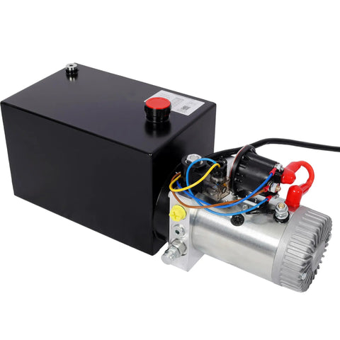 Heavy Duty 12V DC Hydraulic Power Unit With 8 Quart Steel Tank For Dump Trailer And Lift Gate, featuring 3HP motor and steel tank.