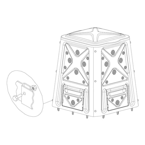 Diagram of an Outdoor Compost Bin With Lift Off Lid 65 Gallon Capacity Four Door Access And Vent Holes Durable Black Garden Waste Caddy