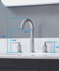 Widespread 3 Hole Bathroom Faucet Kit In Brushed Nickel, 8 Inch Spread, two handles, on white countertop with measurements