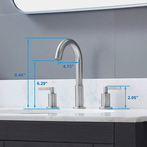 Widespread 3 Hole Bathroom Faucet Kit In Brushed Nickel, 8 Inch Spread, two handles, on white countertop with measurements