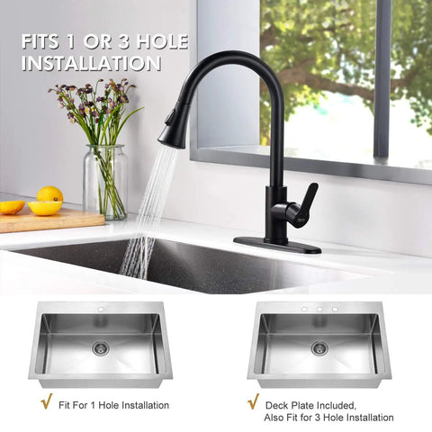 Matte Black Kitchen Faucet With Pull Down Sprayer Stainless Steel Sink Faucet Single Handle 1.8 GPM Great For Kitchen RV And Laundry