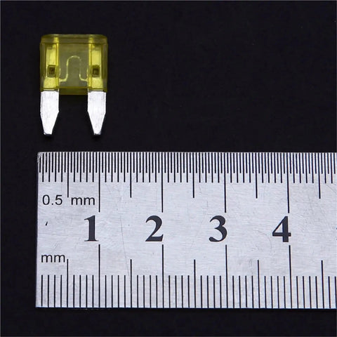 Yellow blade fuse next to ruler, part of 600Pcs Auto Fuse Kit With Blade Fuses 5A 10A 15A 20A 25A 30A For Cars And Trucks, Easy Replace With Fuse Puller, Quick Identification, Must Have Safety Backup For DIY Electrical Repairs On The Go